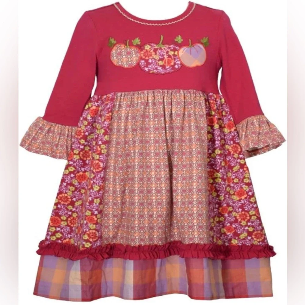 NWT Bonnie Baby Pink Pumpkin Appliqué Dress 12M Three Quarter Sleeve - Picture 2 of 13